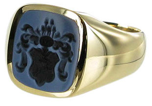 Example of a cushion shape blue/black sardonyx, seal engraved with a coat of arms.