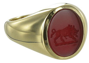 Example of a Cornelian Signet ring seal engraved with a wild boar family crest. (NB in the USA Cornelian is referred to a Carnelian but it is th