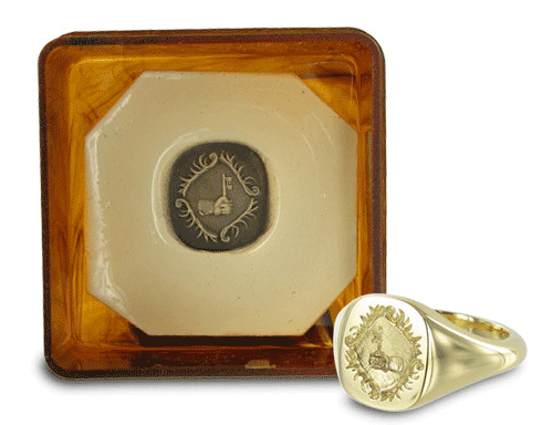 Example of a standard weight 9 carat cushion shape signet ring, seal engraved with a family arms.