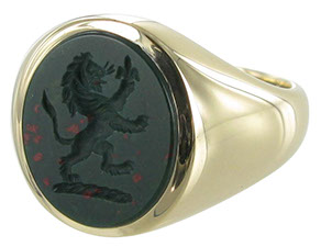 Example of a Bloodstone Signet ring engraved with a Lion Rampant. Showing a few red flecks in the stone.