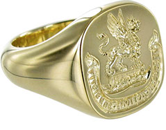 Example of a 9 carat yellow gold Cushion Signet ring showing the superior shape supplied by Signets & Cyphers.